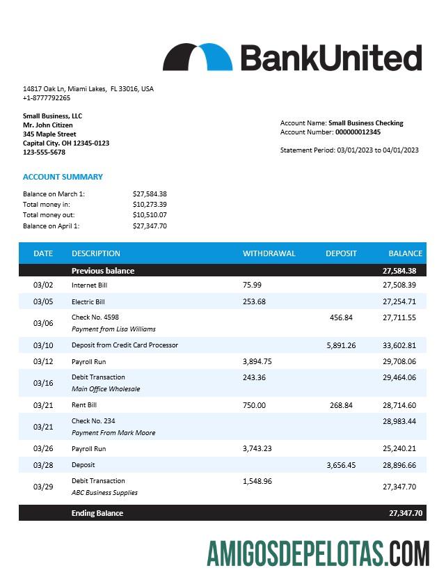 Realista BankUnited Enterprise modelo de extrato de conta Word e PDF